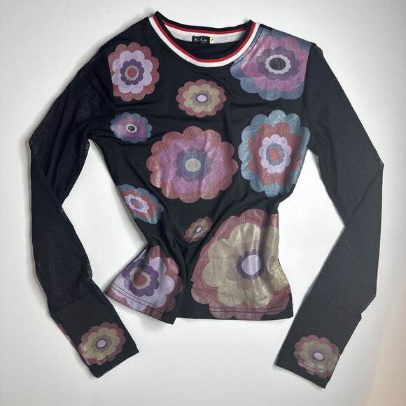 Vintage Y2K Kaily Womens Small Floral Mesh Long Sleeve Top Mod Print Grunge - Picture 3 of 15